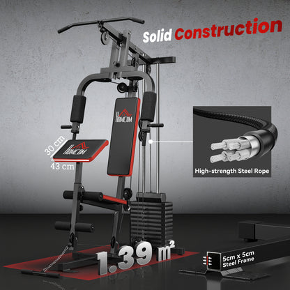 Multigym Station, with 66KG Weight Stack, for Strength Training - Red & Black