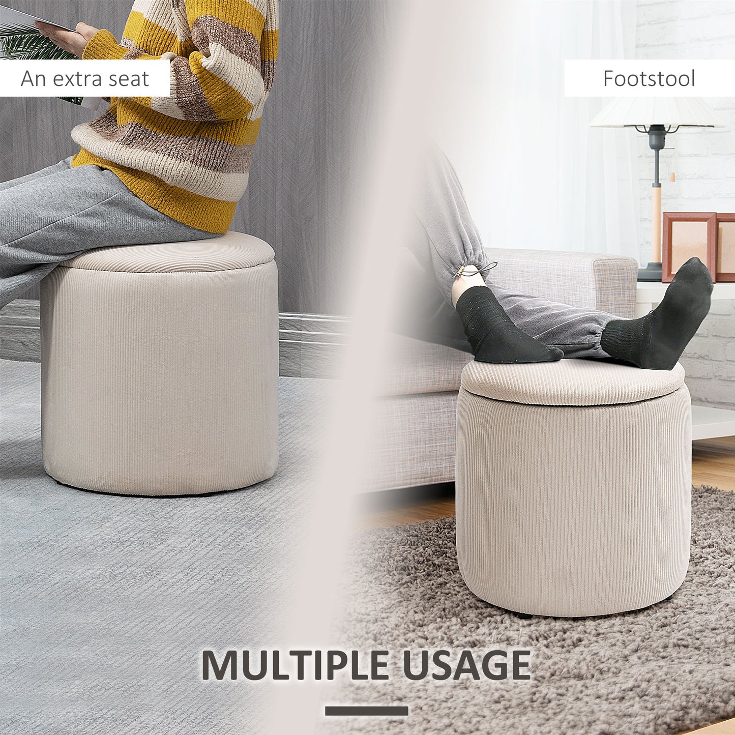 Set of 2 Round Ottoman with Storage, Fabric Vanity Stool for Makeup