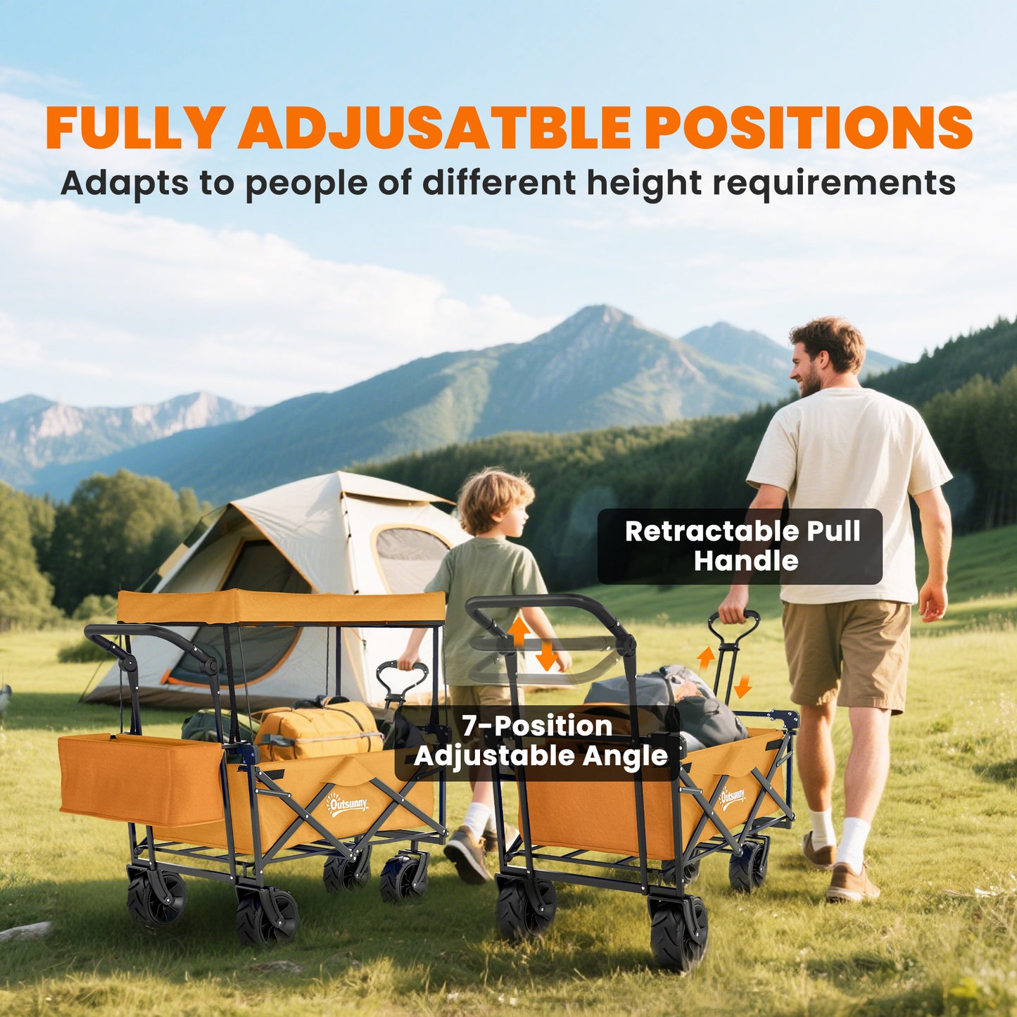 180L Festival Trolley on Wheels, Push & Pull Beach Cart with Removable Canopy, Wide All-Terrain Wheels