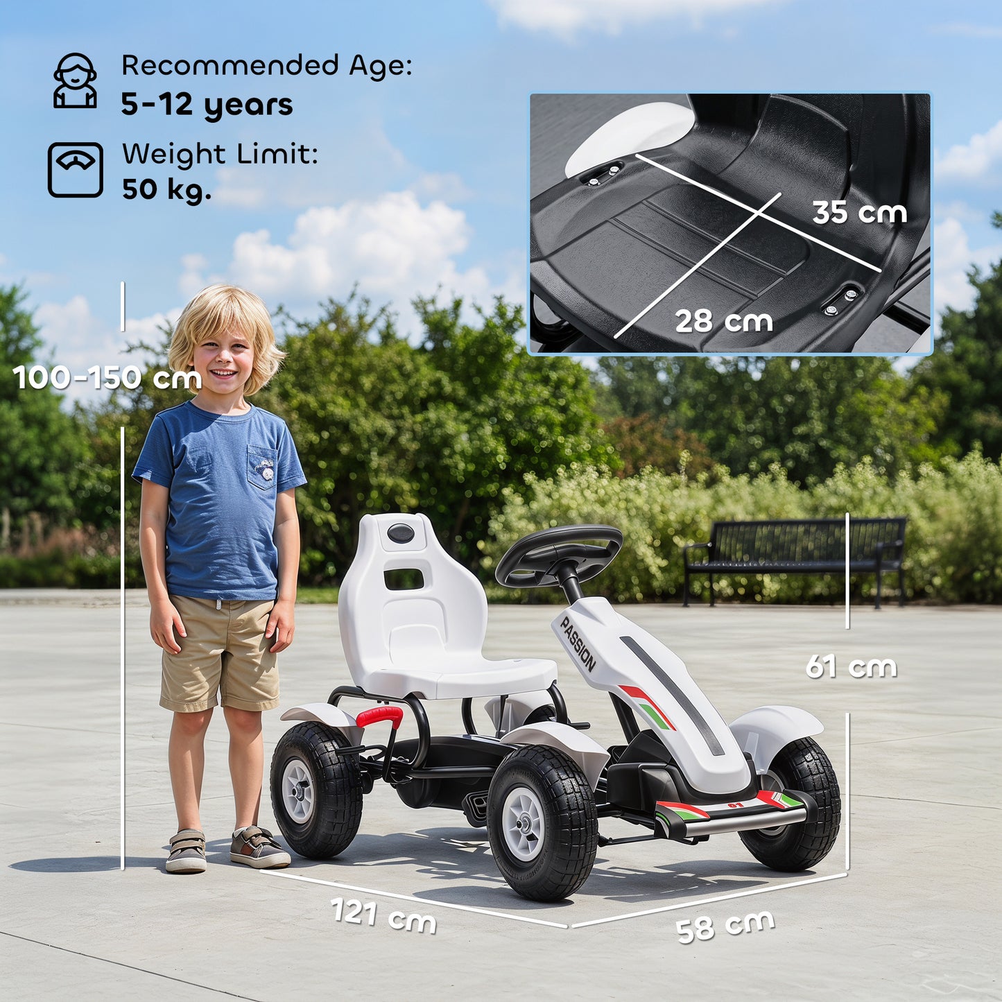 Pedal Go Kart, Kids Ride On Racer with Adjustable Seat, Inflatable Rubber Tyres, Handbrake for Ages 5-12 Years - White