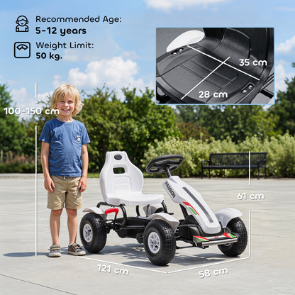 Pedal Go Kart, Kids Ride On Racer with Adjustable Seat, Inflatable Rubber Tyres, Handbrake for Ages 5-12 Years - White