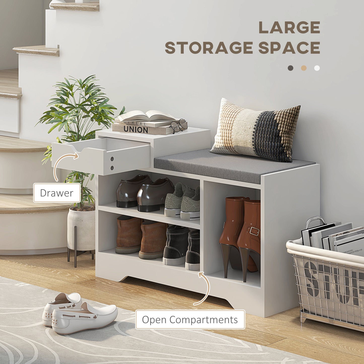 Multi-Compartment Shoe Bench, with Seat - White
