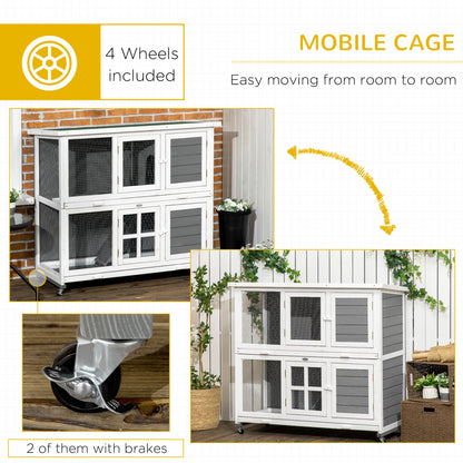 Wooden Rabbit Hutch, Two-Tier Guinea Pig Cage, with Removable Tray, Wheels