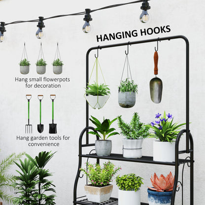 3 Tier Plant Stand with Hanging Rod and Hooks, Metal Plant Rack Shelf