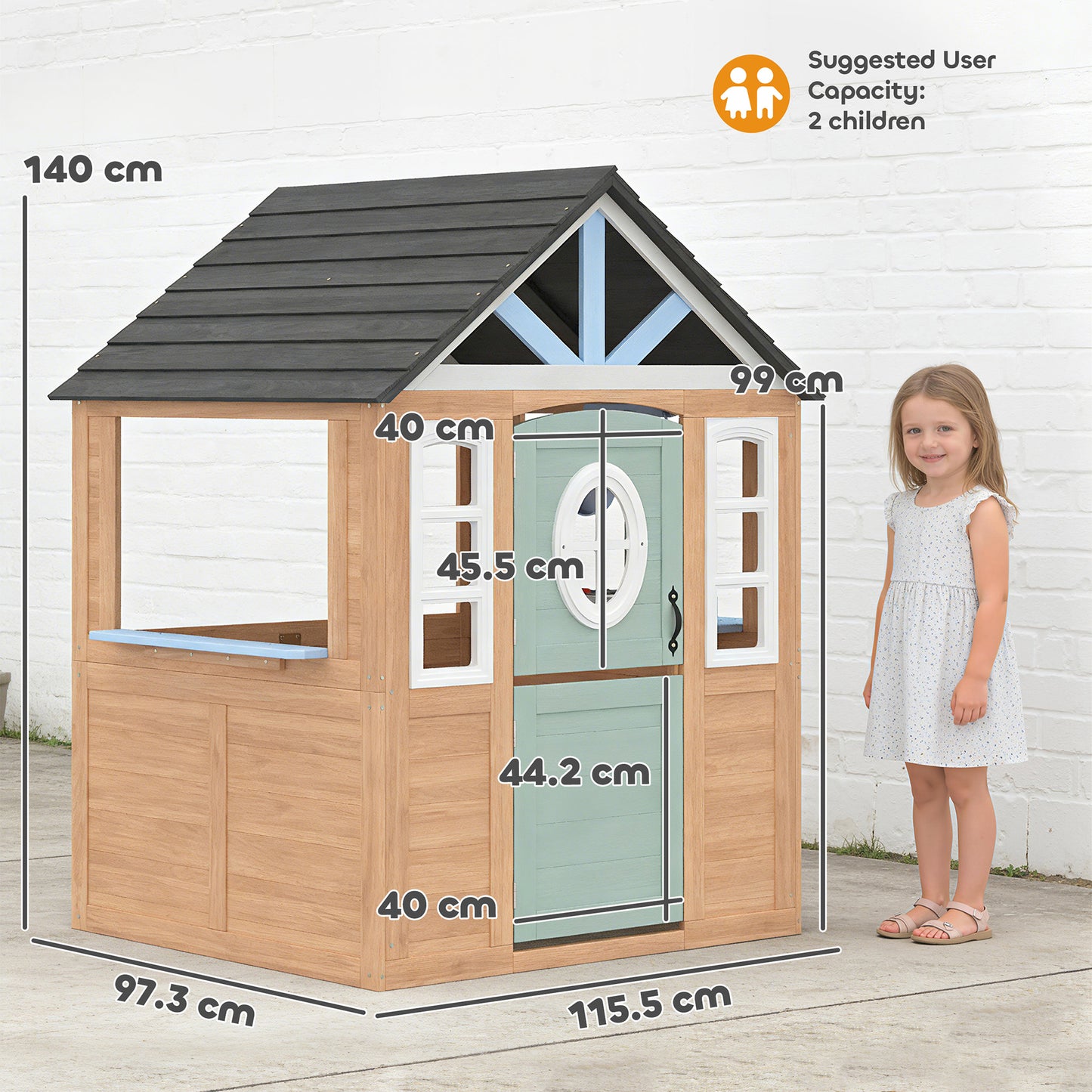 Wooden Playhouse for Kids, Wendy House with Pet Door, Play Kitchen, Half Door and Windows for Indoor Outdoor, Ages 2+