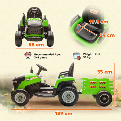 12V Ride on Tractor and Trailer with Remote Control, Music, Shifter, Start-Up Sound, for Kids Ages 3-8 Years, Green