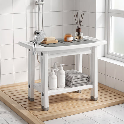 Shower Bench 2-Tier Shower Stool Bathroom with Shelf White and Grey