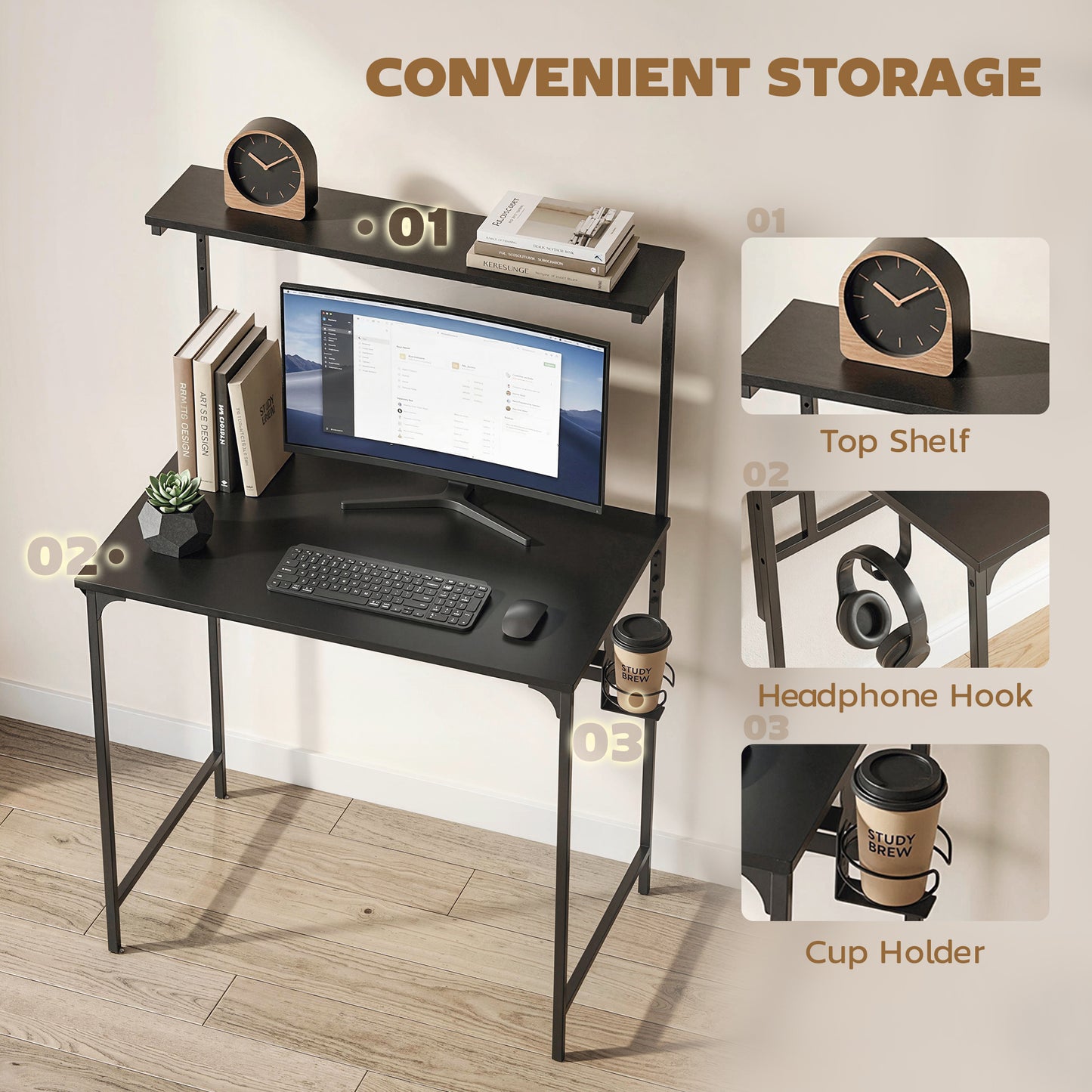 Computer Desk, 80cm Home Office Study Table with Hutch Shelf, Cup Holder, Headphone Hook, Black