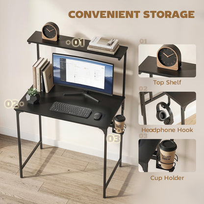 Computer Desk, 80cm Home Office Study Table with Hutch Shelf, Cup Holder, Headphone Hook, Black