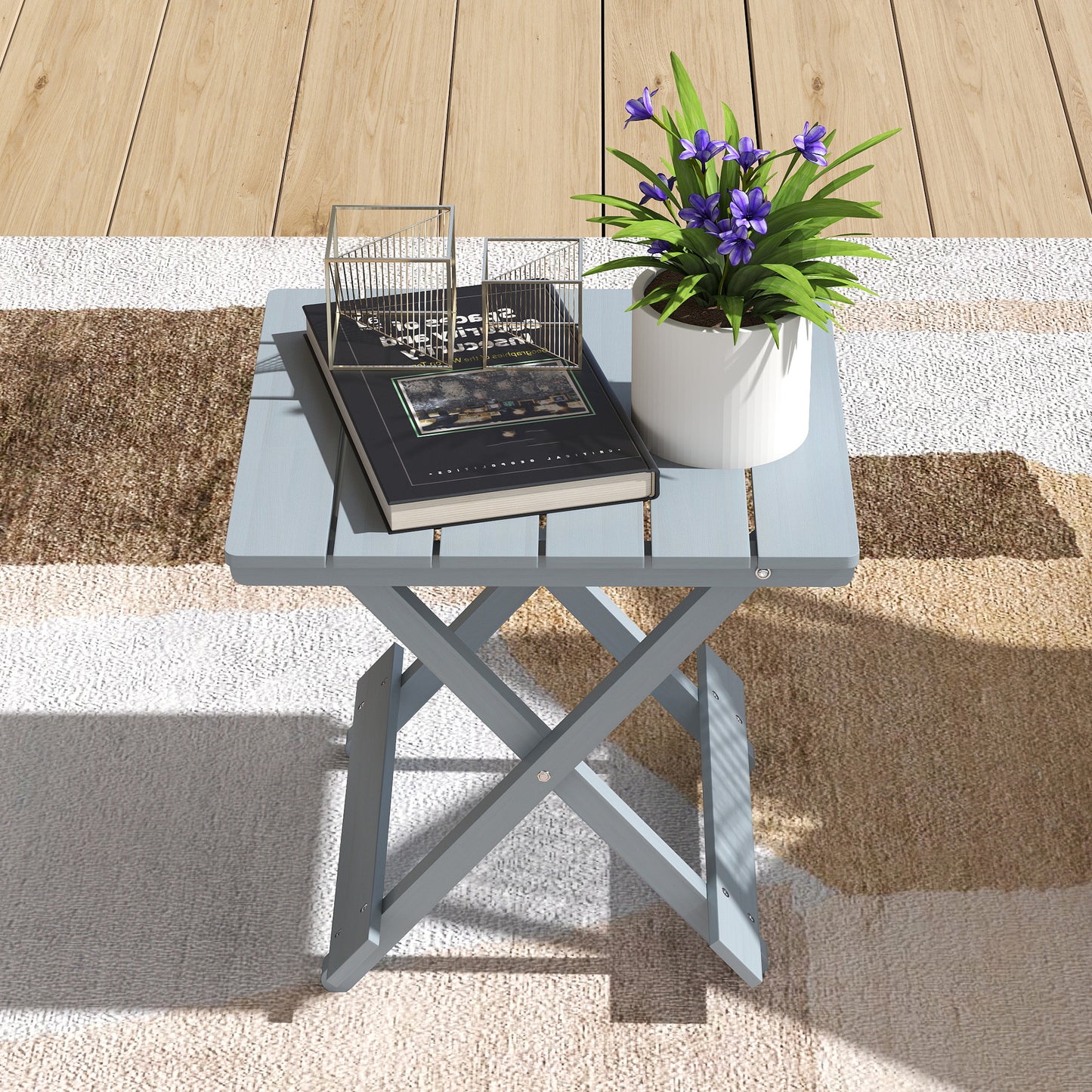 Fir Wood Folding Coffee Table, Lightweight Small Garden Table with Slatted Top, Portable Folding Side Table for Balcony