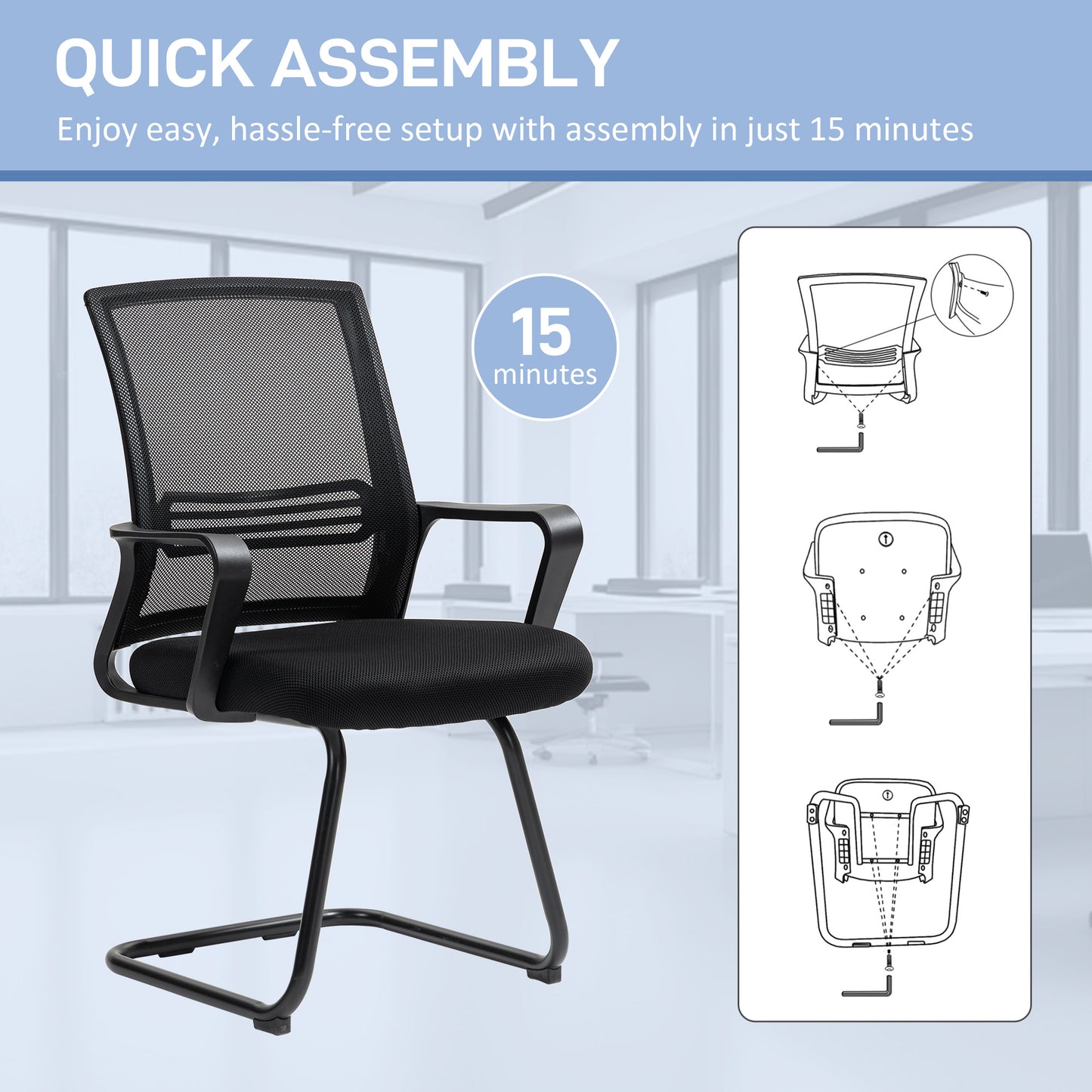 Ergonomic Desk Chair No Wheels, Padded Meeting Office Chair with Sled Base for Bedroom, Waiting, Reception, Black