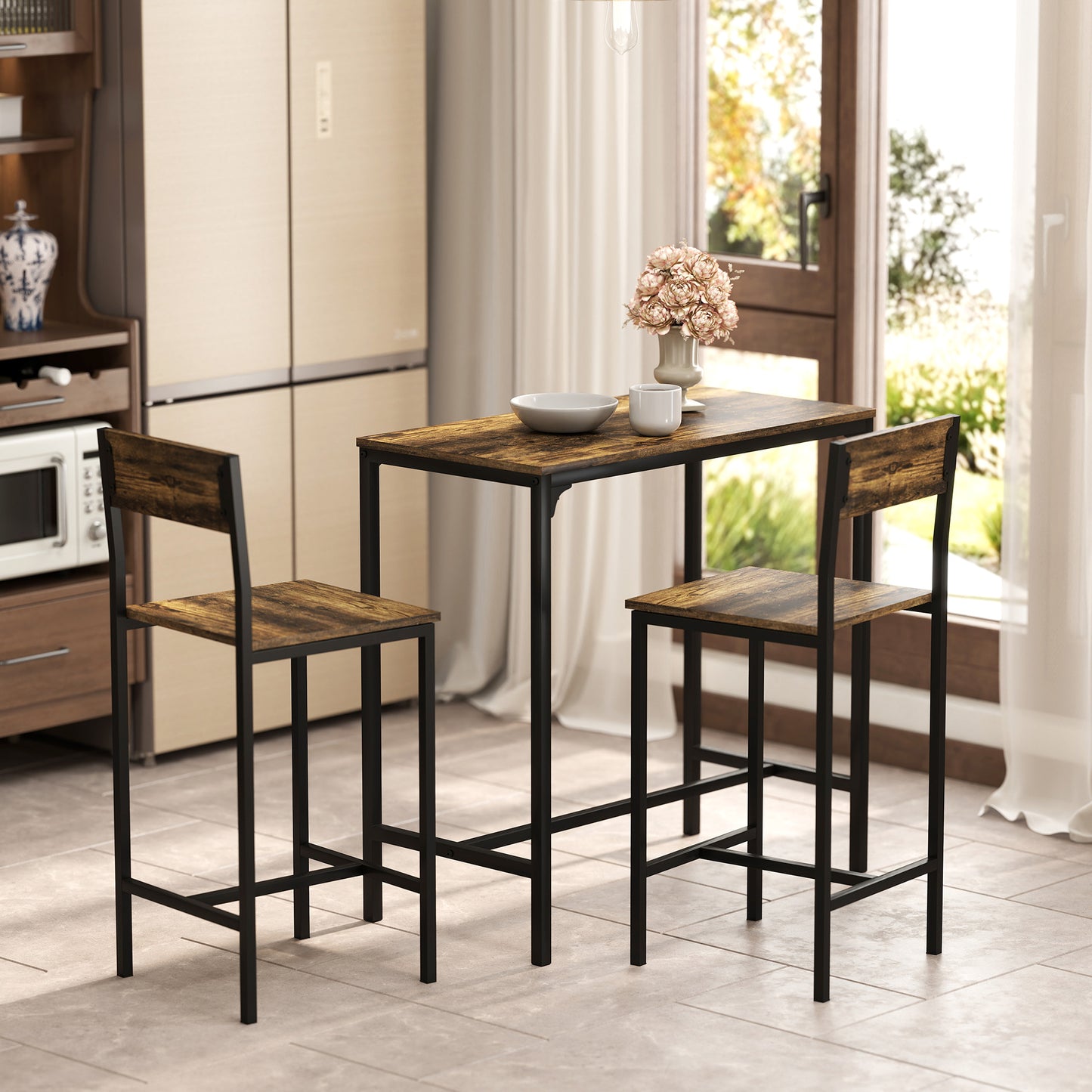 3-Piece Bar Table Set with 2 Stools, Industrial Breakfast Bar Set with Footrest, Backrest for Dining Room, Small Space