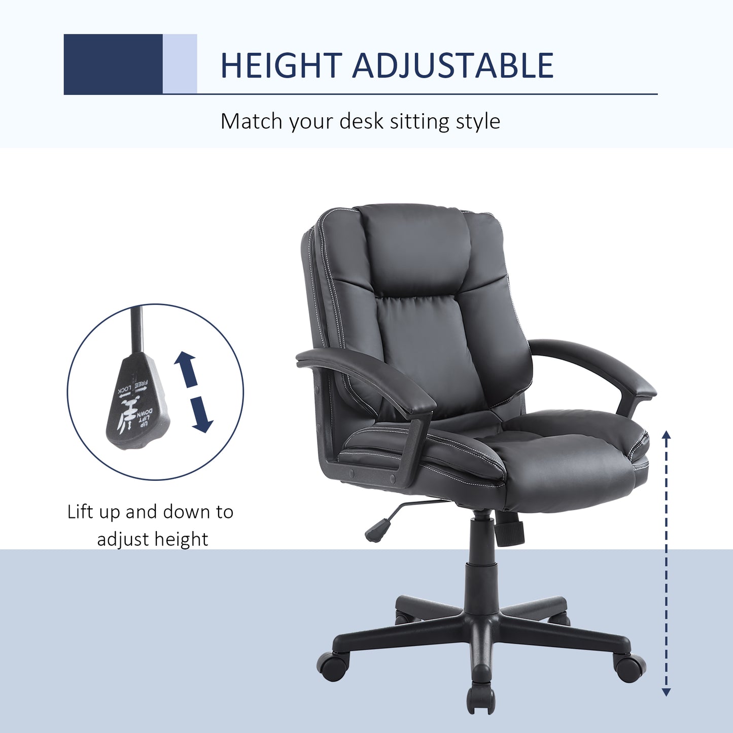 Desk Chair, PU Leather Office Chair with Adjustable Height and Swivel Wheels, for Home Work Study, Black