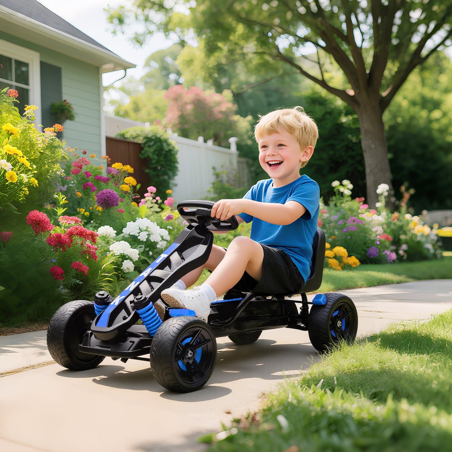Pedal Go Kart for Kids Aged 3-6 Years, with Freewheel System, Brake, EVA Anti-Slip Wheels, Blue
