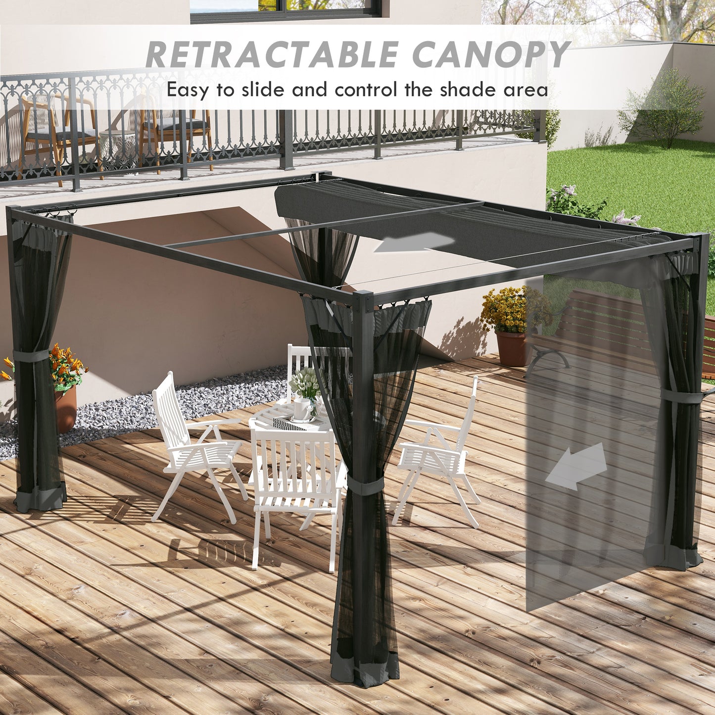 3 x 4m Aluminium Frame Pergola, with Retractable Roof - Dark Grey