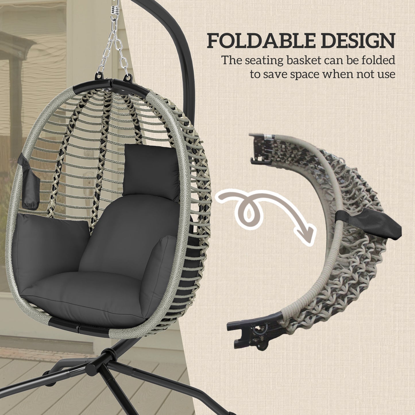 Outdoor Swing Chair with Thick Padded Cushion, Patio Hanging Egg Chair with Metal Stand, Foldable Basket, Cup Holder