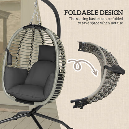 Outdoor Swing Chair with Thick Padded Cushion, Patio Hanging Egg Chair with Metal Stand, Foldable Basket, Cup Holder