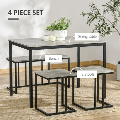Dining Table and Chairs Set for 4 People, Concrete Effect Kitchen Table and Bench Set with Steel Frame