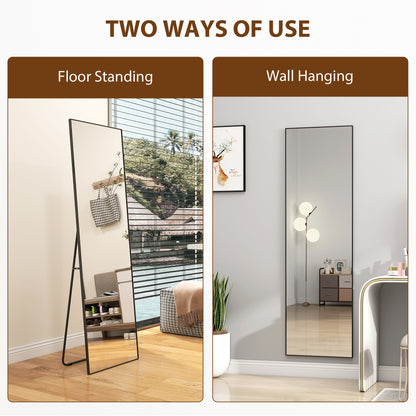 Full Length Mirror, Aluminium Alloy Framed Full Body Mirror with Tempered Glass, Standing or Wall Hanging, Black