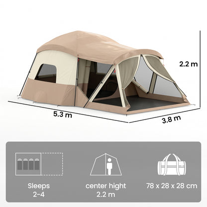 Cabin Tent Waterproof Camping Tent with Two Room for 4 Person Brown