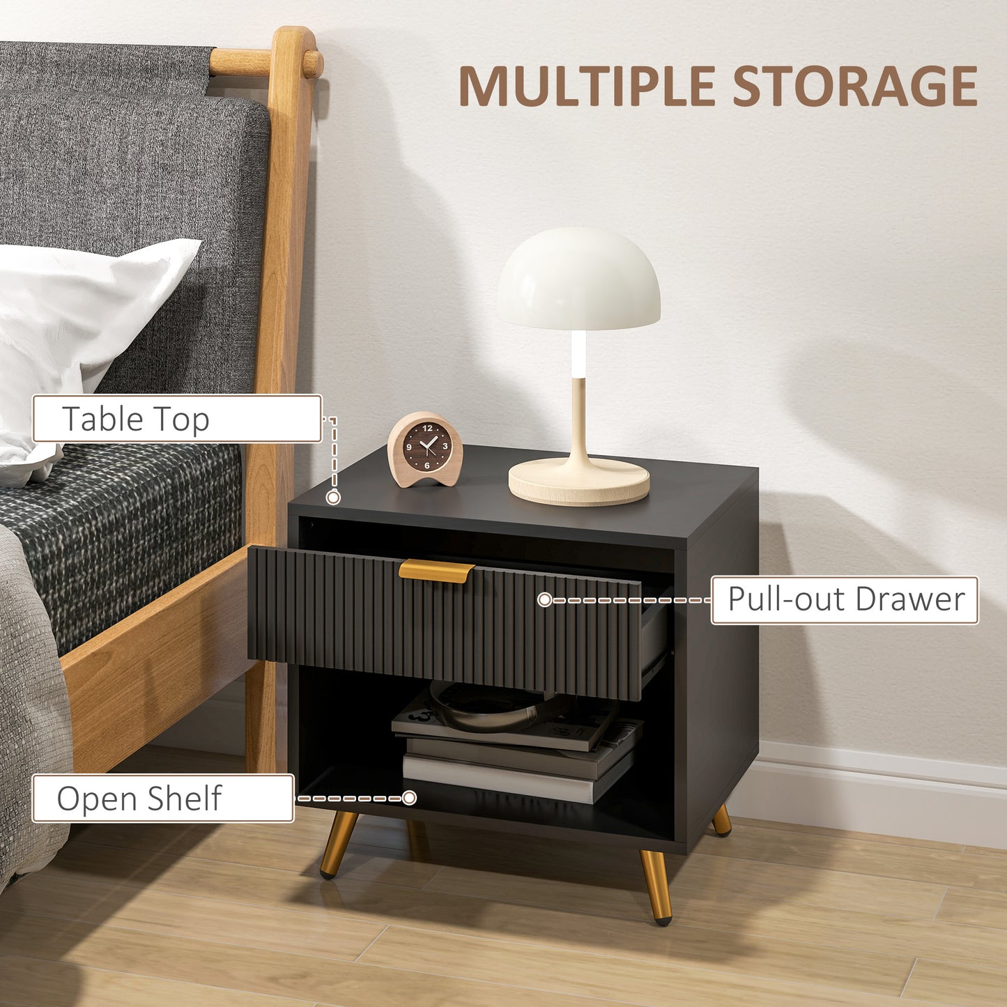 Elegant Bedside Table, with Drawer and Shelf - Black/Gold Tone
