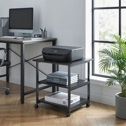 Three-Tier Steel Printer Stand, with Wheels - Black