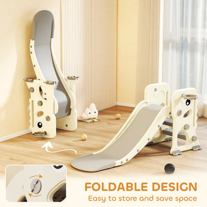 3 in 1 Kids Slide with Climber, Basketball Hoop and Ball, Foldable Indoor Toddler Slide for Ages 2-5, Cream White