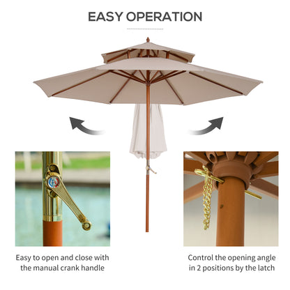 2.7m Wooden Parasol Elegant Two-Tier Design Garden Parasol Umbralle for Outdoor Shade, Beige