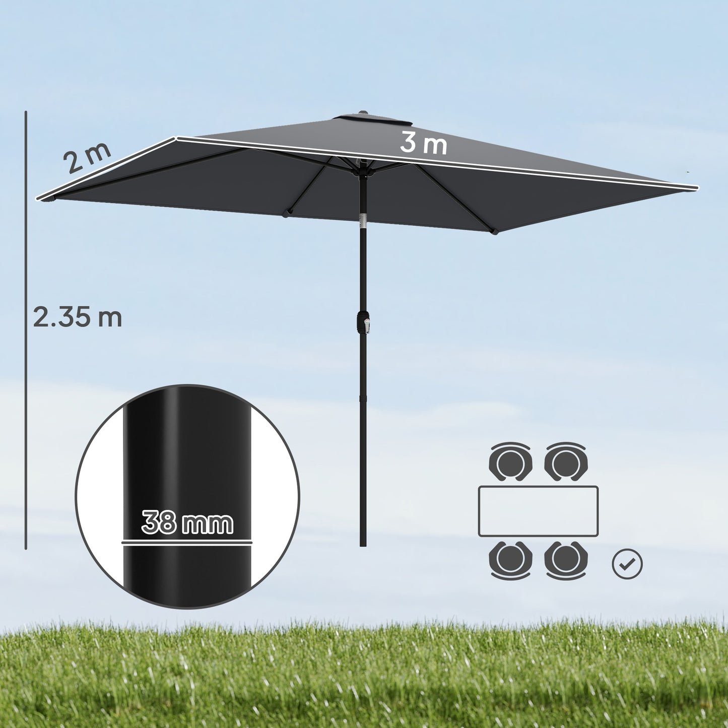 Garden Parasol, Parasol Umbrella with Crank Handle, Tilt Function, Polyester Canopy, Dark Grey