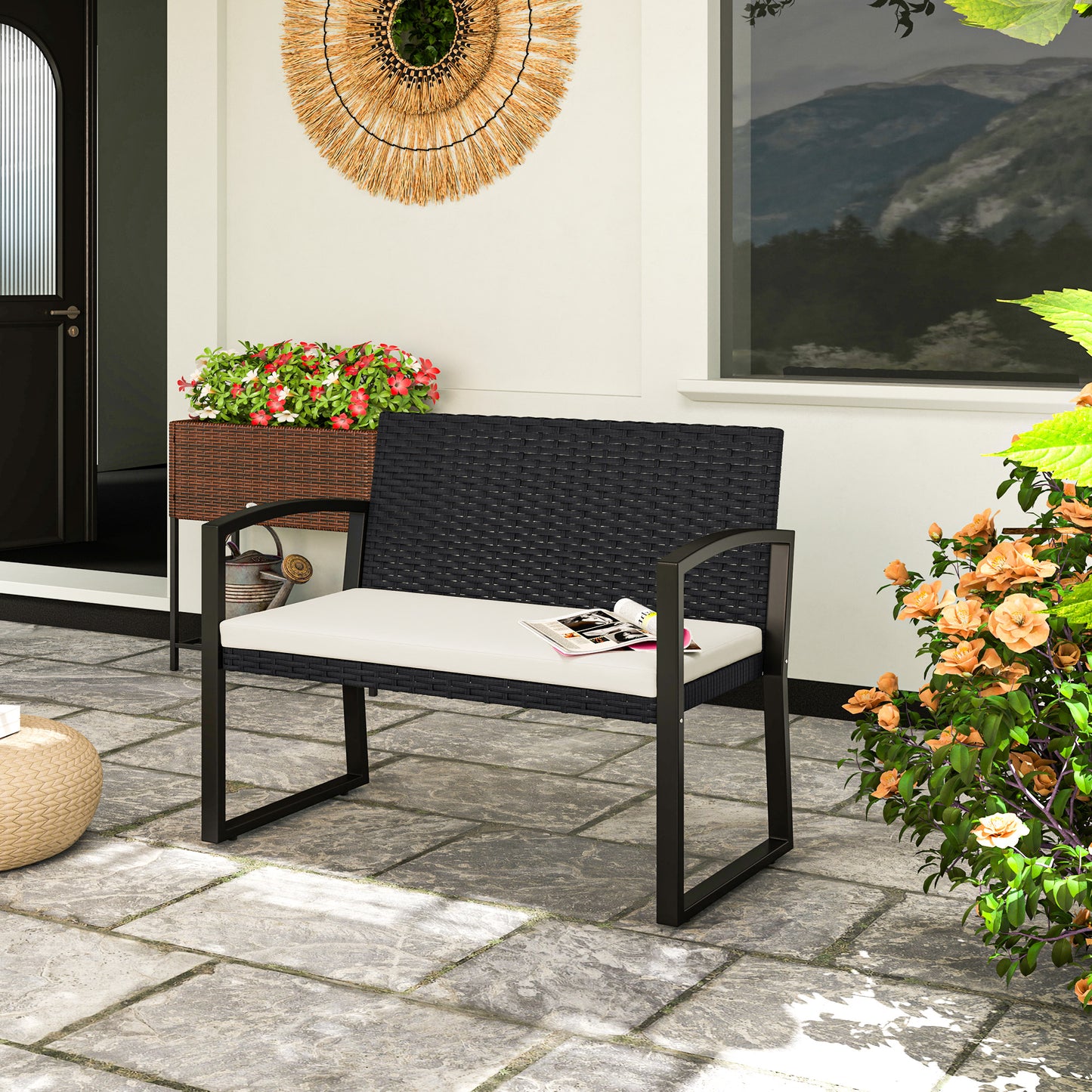 Two-Seater Rattan Garden Bench - Beige