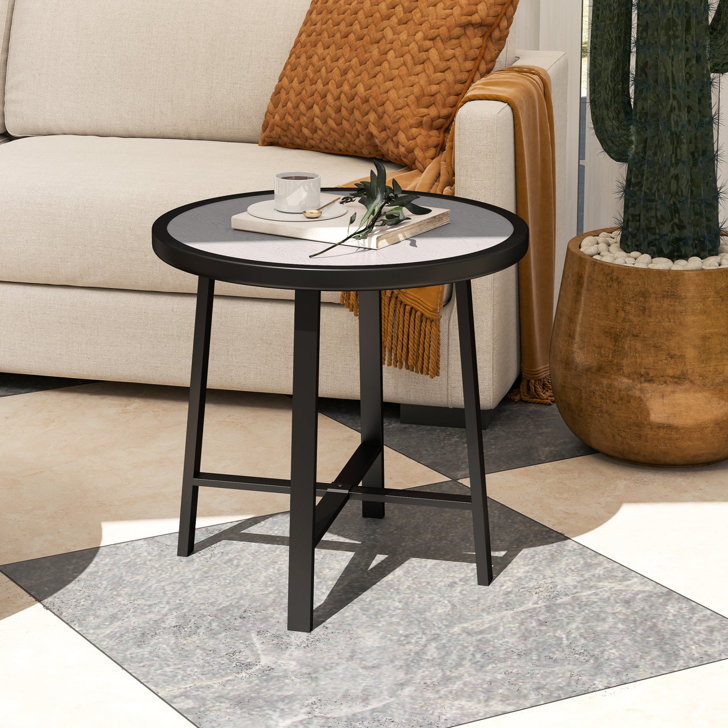 Round Small Garden Table, 50.5cm Outdoor Side Table with SPC Tabletop, Metal Frame and Anti-slip Foot Pads for Garden