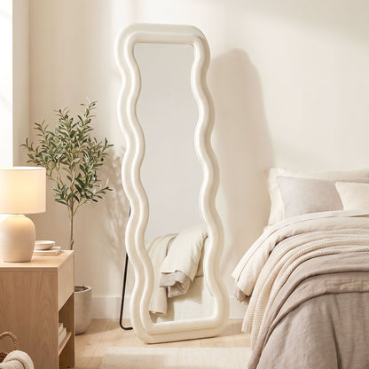 Full Length Mirror, 160 x 60 cm Wavy Full Body Wall Standing Mirror with Velvet Frame and Tempered Glass, Cream White