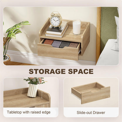Floating Nightstands Set of 2, Wall Mounted Bedside Table with Drawer for Bedroom, Natural Wood