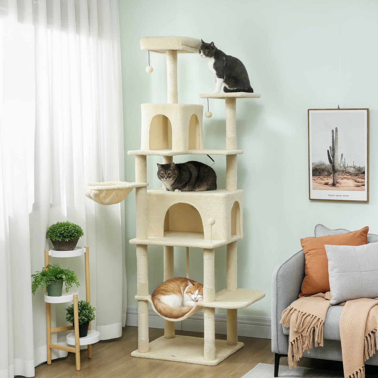 202cm Cat Tree with 6 Scratching Posts, 2 Hammocks, 2 Condos, 2 Perches, Pompoms, for Cats to Rest and Play, Beige