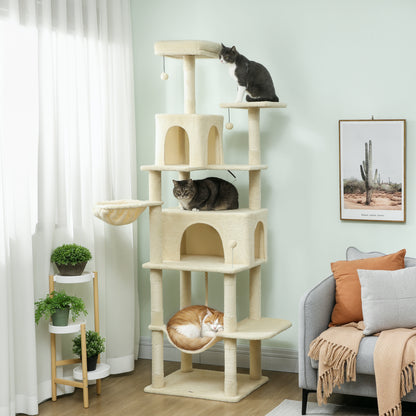 202cm Cat Tree with 6 Scratching Posts, 2 Hammocks, 2 Condos, 2 Perches, Pompoms, for Cats to Rest and Play, Beige