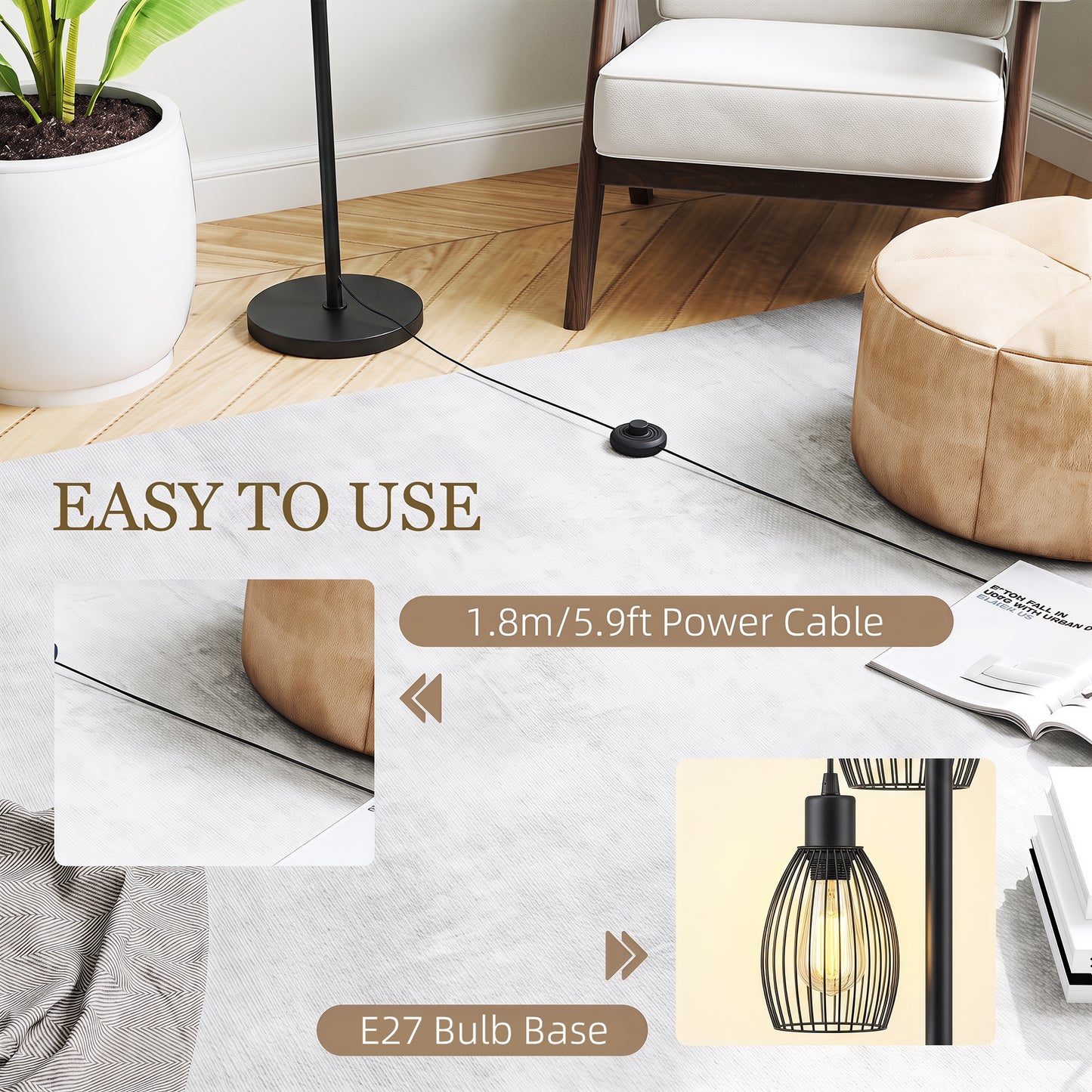 3-Light Floor Lamp, 170cm Industrial Dimmable Standing Lamp with Steel Wire Cage Lampshades for Living Room, Bedroom