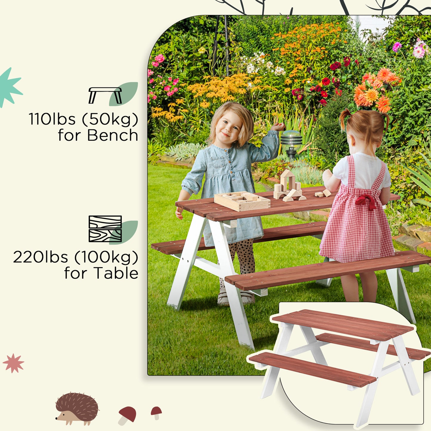 Kids Picnic Table, Wooden Table and Bench Set, Kids Garden Furniture for Patio Aged 3-8 Years Old, Brown