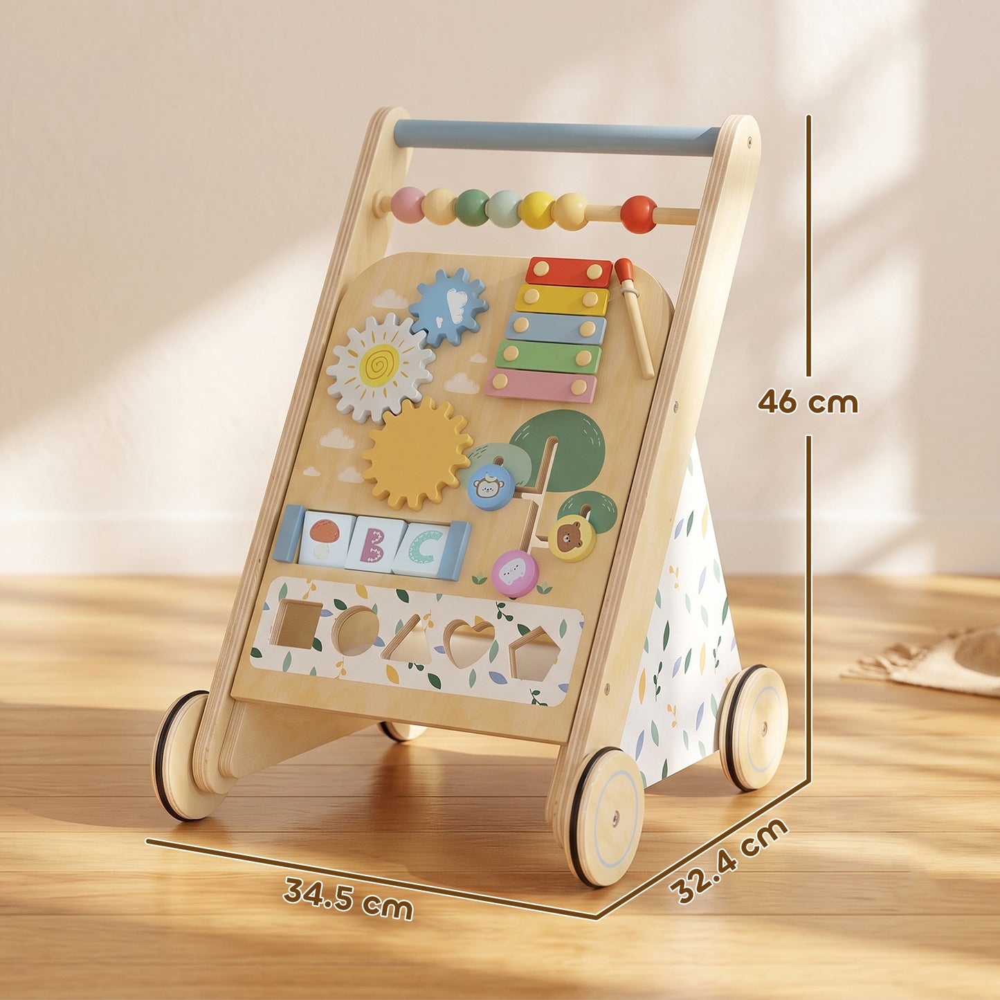 Wooden Baby Walker, Toddler Push Along Walker with Speed Control, Activity Centre and 5 Blocks for 18 Months+, Natural