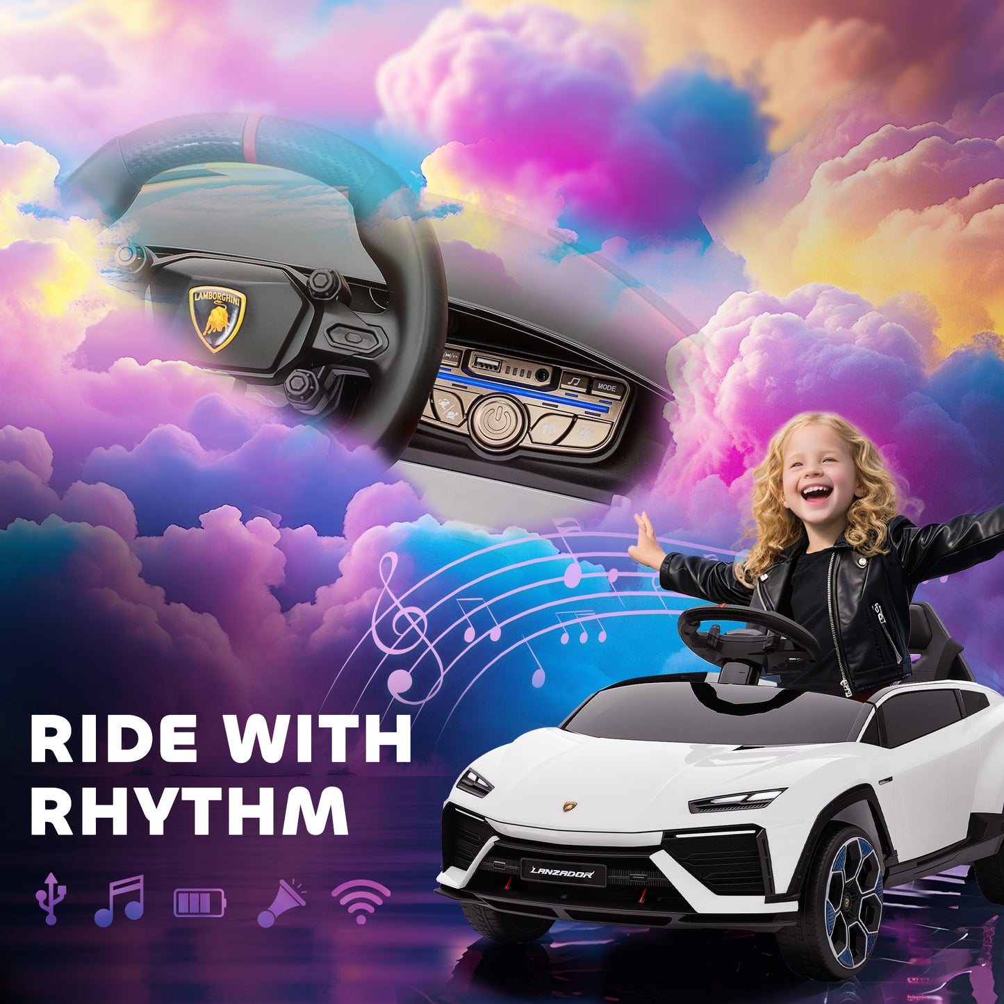 12V Licensed Lamborghini Electric Cars for Kids, Ride On Car with Remote Control for 3-6 Years Old, White