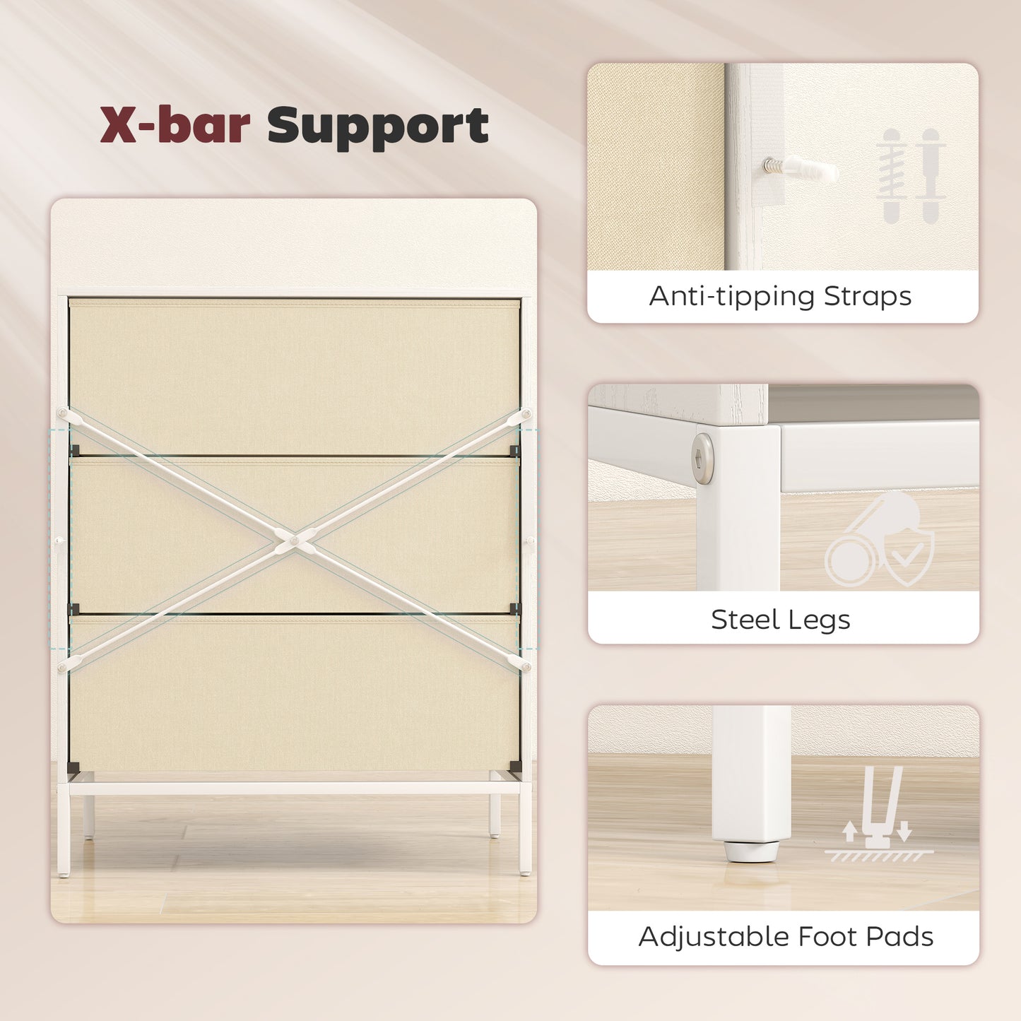 Chest of Drawers, Dresser with 3 Fabric Drawers and Aluminium Handles - White