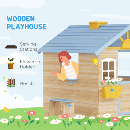 Wooden Playhouse, Wendy House with Door, Bench, Flowerpot Holder, for Ages 3-7 Years, Blue