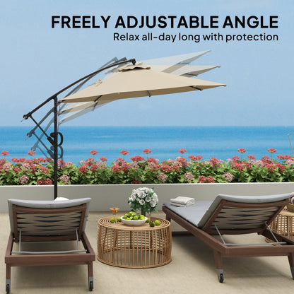 3(m) Garden Cantilever Parasol with Cover and Wind Protection Strap, Round Overhanging Umbrella with Crank Handle and Tilt