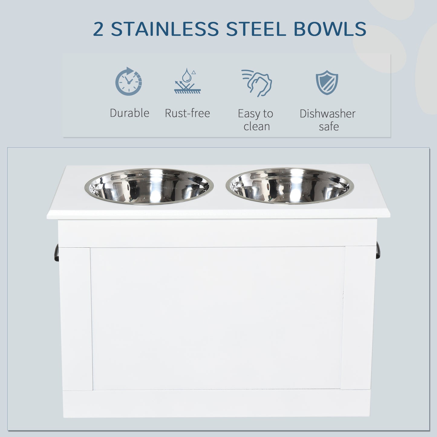 Raised Dog Bowls, with Storage, Two Stainless Steel Bowls, Elevated Base - White