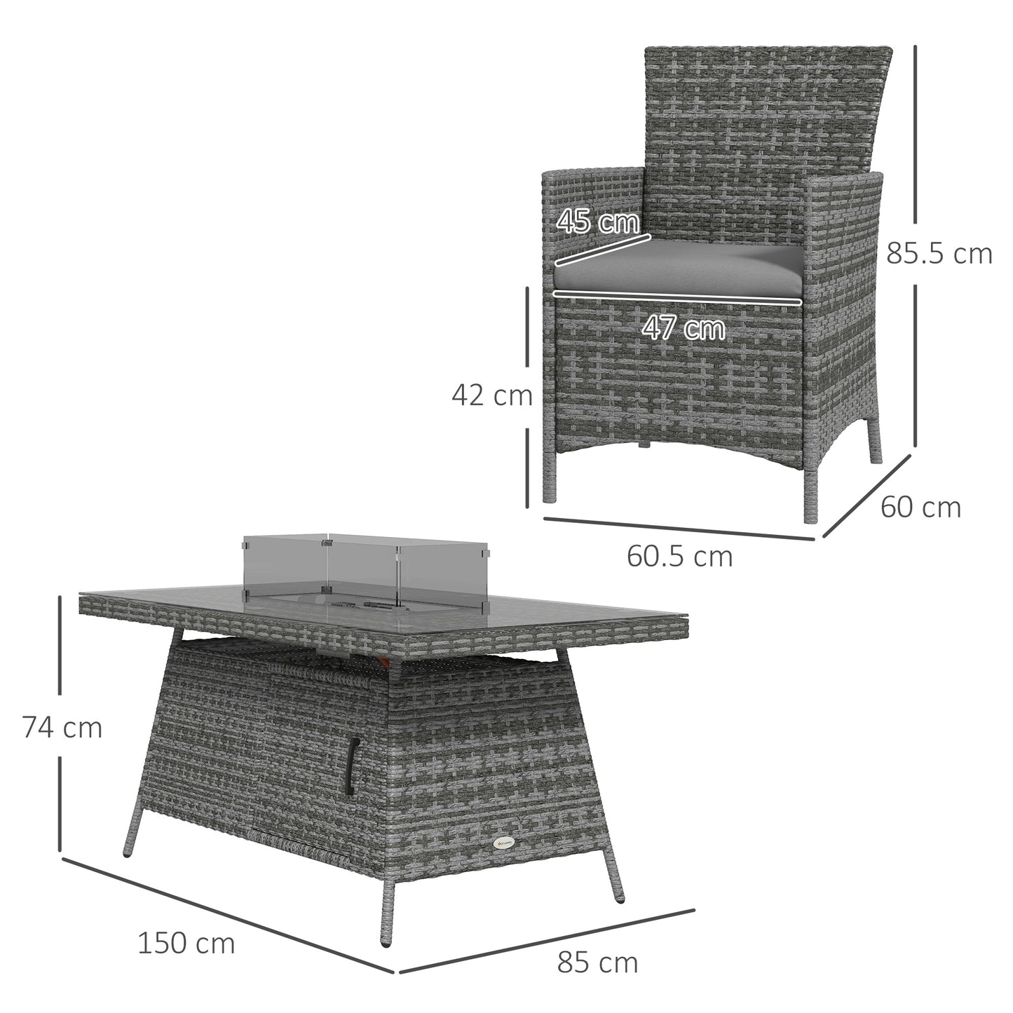 7 Pieces Outdoor Rattan Garden Furniture with Fire Pit Table, 6 Seater Garden Table and Chairs with Cushions