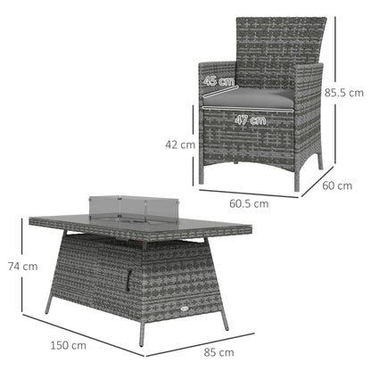 7 Pieces Outdoor Rattan Garden Furniture with Fire Pit Table, 6 Seater Garden Table and Chairs with Cushions