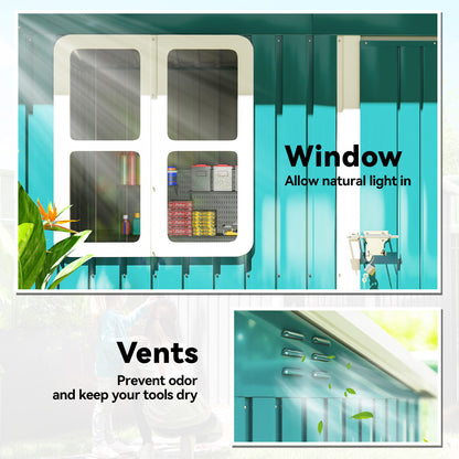 7 x 4ft Galvanised Steel Garden Shed, with Lock, Gloves and Foundation Kit - Green