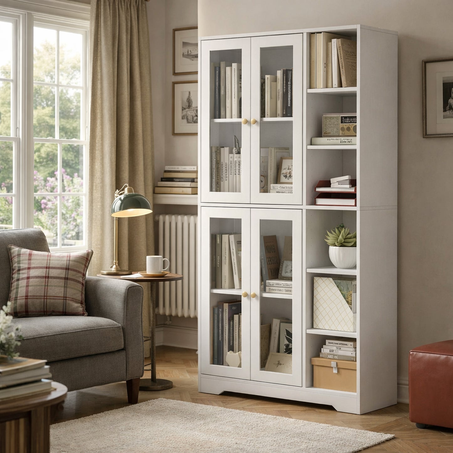 Multi-Storage Kitchen Cabinet, with Glass Doors - White Wood-Effect