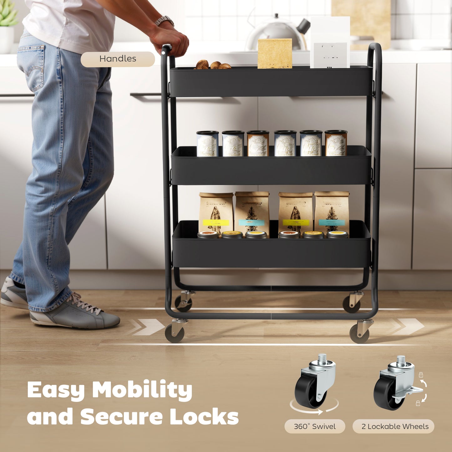 3-Tier Storage Trolley on Wheels, Rolling Utility Cart with Mesh Backets for Kitchen, Bathroom, Bedroom, Black