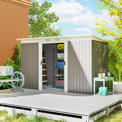 Corrugated Garden Metal Storage Shed Outdoor Equipment Tool Box with Kit Ventilation Doors 9x 4FT Light Grey