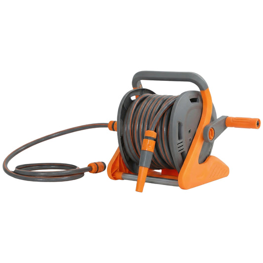 Portable Garden Hose Reel, 20+2 m Wall Mounted Hose Reel with 2 Patterns Spray Nozzle and Crank Handle, Orange